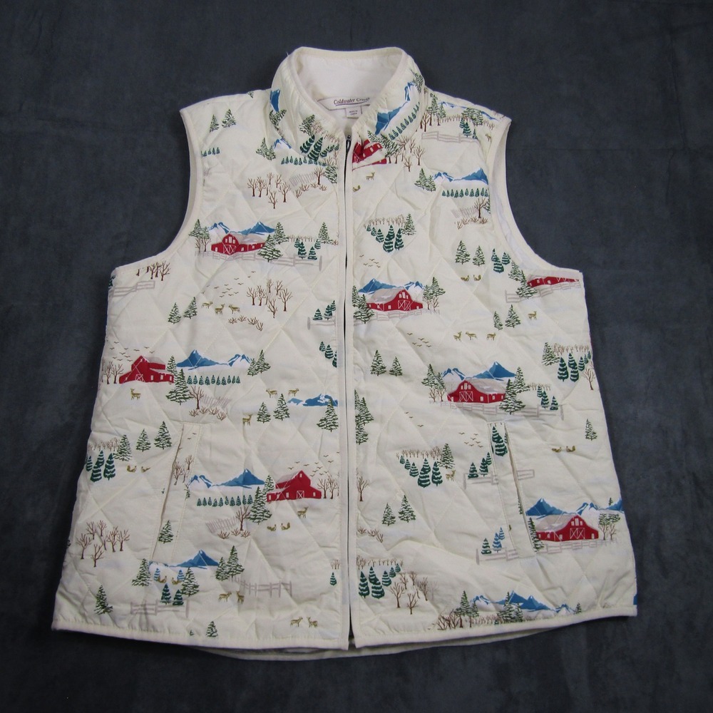 Coldwater Creek Quilted Vest Womens Large White Winter Barn Landscape Cottage